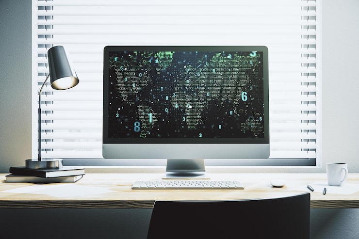 Photo 추상적인 그래픽 코딩 스케치와 세계 지도와 함께 현대 컴퓨터 화면 빅 데이터 및 네트워크 개념 3d 렌더링