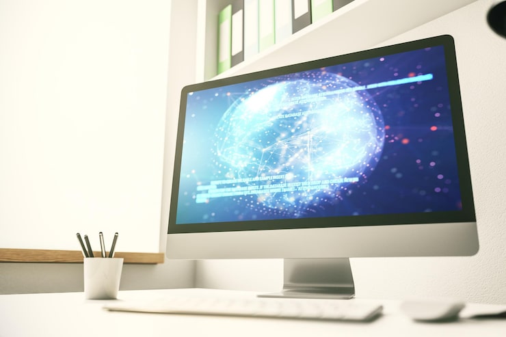 Photo 現代電腦螢幕與抽象圖形編碼草圖和世界地圖大數據和網絡概念 3d染