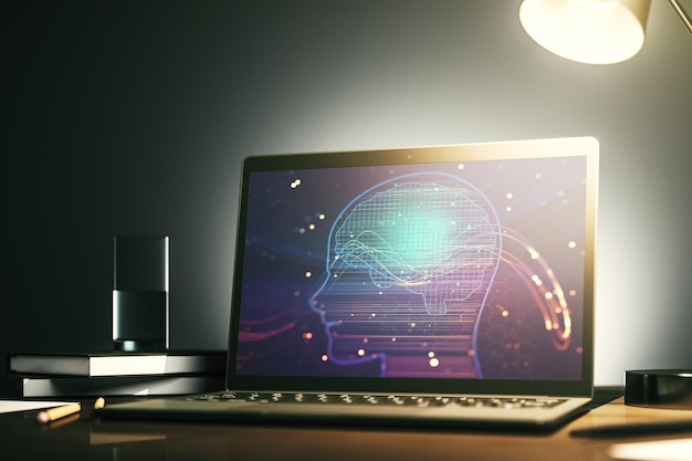 Modern computer screen with creative human head microcircuit Future technology and AI concept 3D Rendering
