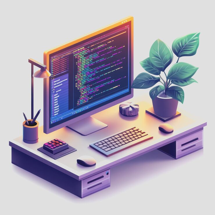 Modern Computer Workspace with Coding Screen Desk Lamp Plant Keyboard and Colorful Programming Code on Display