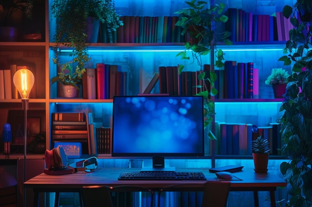 Modern computer workstation with bookshelf and lamp in home office interior