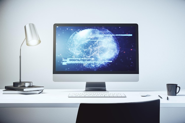 Modern computerdisplay met abstract softwareontwikkelinghologram en wereldkaart mondiaal onderzoeks- en analyseconcept 3D Rendering