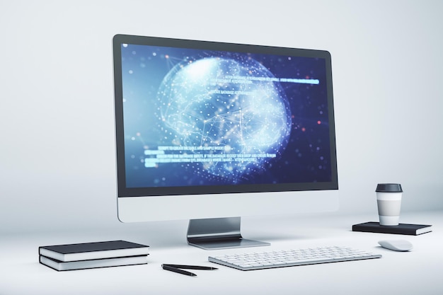 Modern computerdisplay met abstract softwareontwikkelinghologram en wereldkaart mondiaal onderzoeks- en analyseconcept 3D Rendering