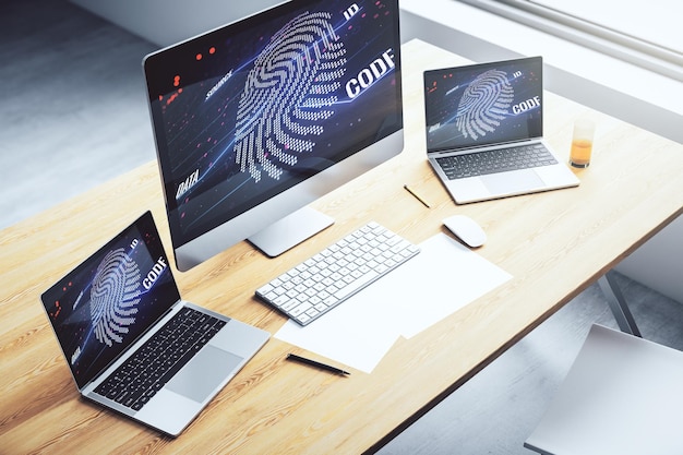 Modern computerdisplay met abstracte grafische vingerafdrukschets vingerafdrukscangegevensconcept 3D-rendering
