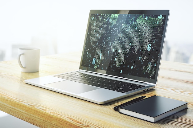 Modern computerscherm met abstracte grafische coderingsschets en wereldkaart big data en netwerkconcept 3D Rendering