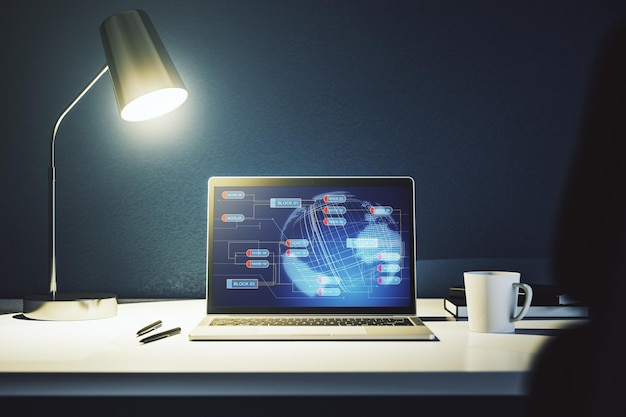 Modern computerscherm met abstracte grafische coderingsschets en wereldkaart big data en netwerkconcept 3D Rendering