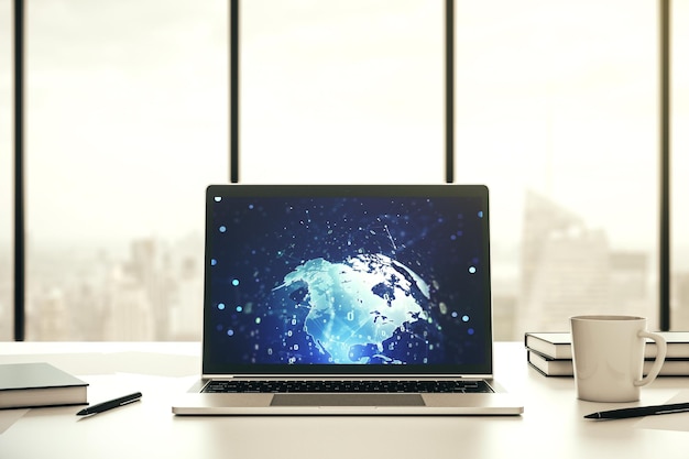 Modern computerscherm met abstracte grafische coderingsschets en wereldkaart big data en netwerkconcept 3D Rendering