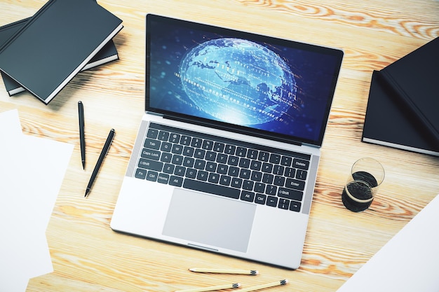 Modern computerscherm met abstracte grafische coderingsschets en wereldkaart big data en netwerkconcept 3D Rendering