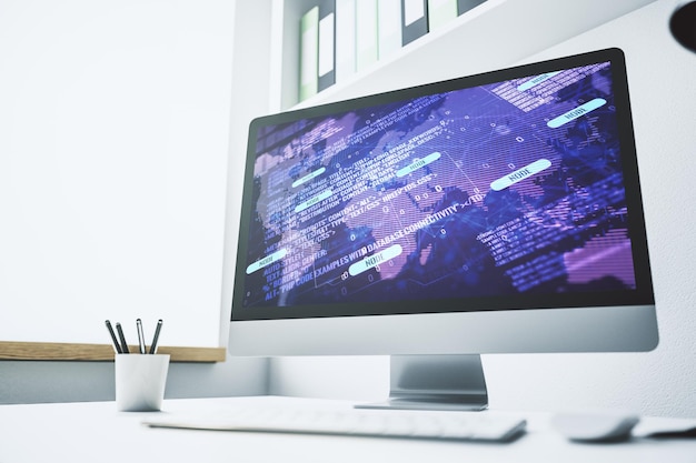 Modern computerscherm met abstracte grafische coderingsschets en wereldkaart big data en netwerkconcept 3D Rendering