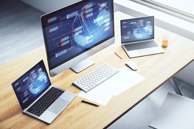 Modern computerscherm met abstracte grafische coderingsschets en wereldkaart big data en netwerkconcept 3D Rendering