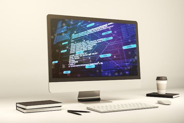 Modern computerscherm met abstracte programmeertaal hologram kunstmatige intelligentie en machine learning concept 3D-rendering
