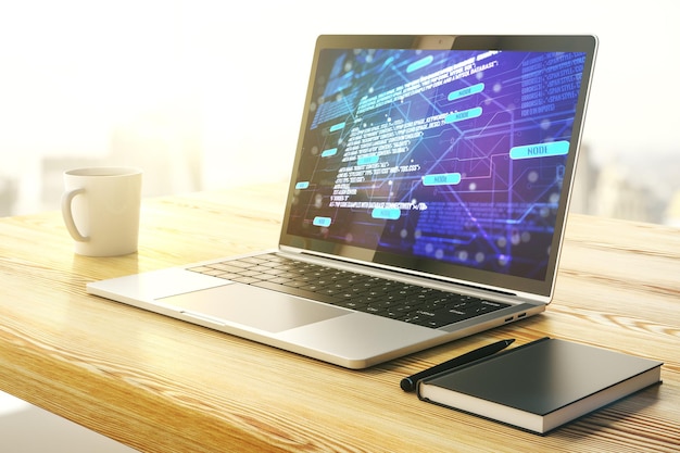 Modern computerscherm met abstracte softwareontwikkeling hologram onderzoek en analyse concept 3D Rendering