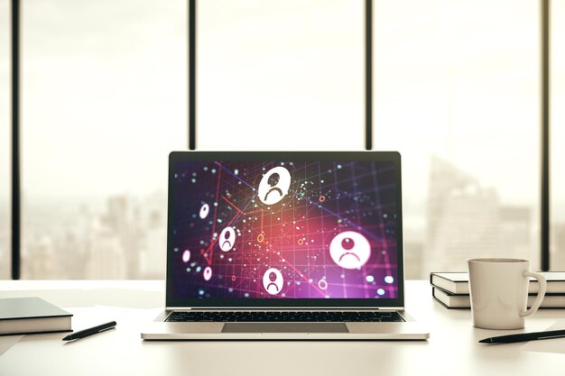 Modern computerscherm met sociaal netwerkpictogrammenconcept Netwerkconcept 3D-Rendering