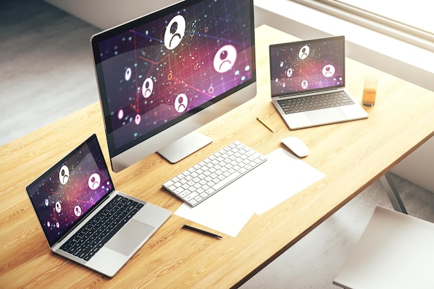 Modern computerscherm met sociaal netwerkpictogrammenconcept Netwerkconcept 3D-Rendering
