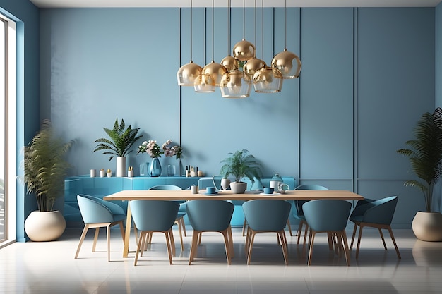 Modern concept interior of dining room with empty blue mockup wall background 3D Rendering 3D Ai