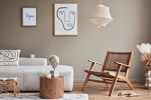 Concetto moderno di interni del soggiorno con divano modulare di design, poltrona in rattan, fiori secchi in vaso, tavolino da caffè, decorazioni ed eleganti accessori personali in un elegante arredamento per la casa..