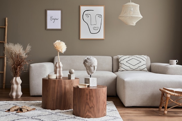 современная концепция интерьера гостиной с дизайнерским модульным диваном стильный шаблон домашнего декора