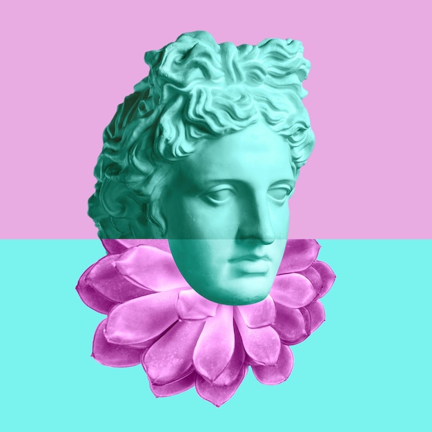 modern conceptual art colorful poster with ancient statue of bust and succulent plant. collage of contemporary art. zine culture.