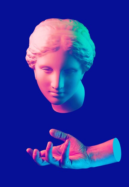 Foto poster colorato di arte concettuale moderna con antica statua del busto di venere e mani. collage di arte contemporanea.