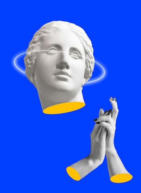 Фото Красочный плакат современного концептуального искусства с древней статуей бюста венеры. коллаж современного искусства.