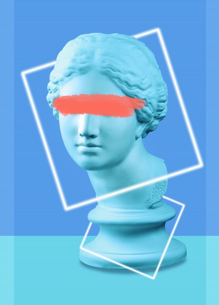 Photo modern conceptual art poster with green blue colorful ancient statue of venus de milo head. contemporary art collage. concept of retro wave style posters.