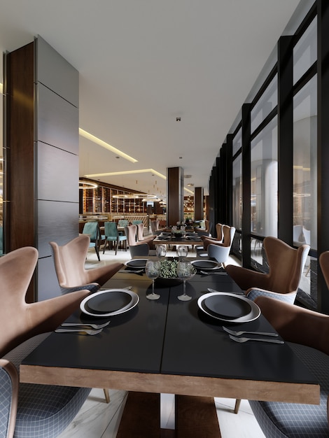 The modern conceptual interior design of the restaurant is in contemporary style with classic elements. 3d rendering.