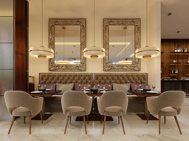 The modern conceptual interior design of the restaurant is in contemporary style with classic elements. 3d rendering.