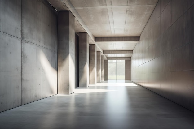 벽 기둥에 빈 모의 공간이 있는 현대적인 콘크리트 복도 인테리어와 일광 AI 생성
