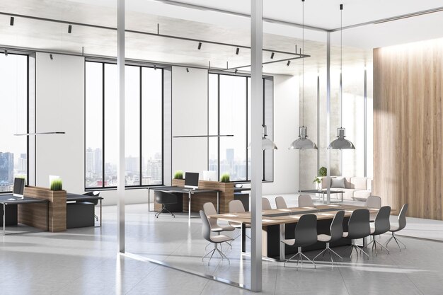 Modern concrete coworking office interior with daylight empty mockup place on wall furniture and e