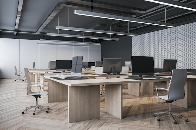 Modern concrete coworking office interior with wooden flooring\
furniture and equipment 3d rendering