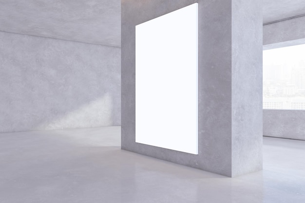 벽에 빈 흰색 모의 배너가 있는 현대적인 콘크리트 전시장 내부와 도시 전망 3D 렌더링이 있는 창문