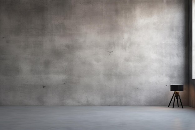 현대적인 콘크리트 로프트 벽 배경에는 회색 쪽모이 세공 마루 바닥과 복사 공간이 있는 창문이 있습니다.