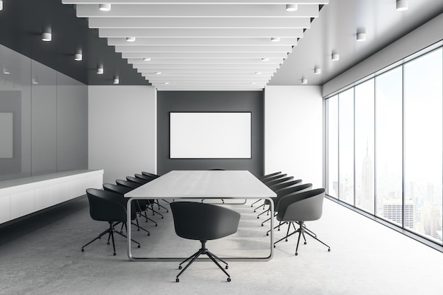 Modern concrete meeting room with banner