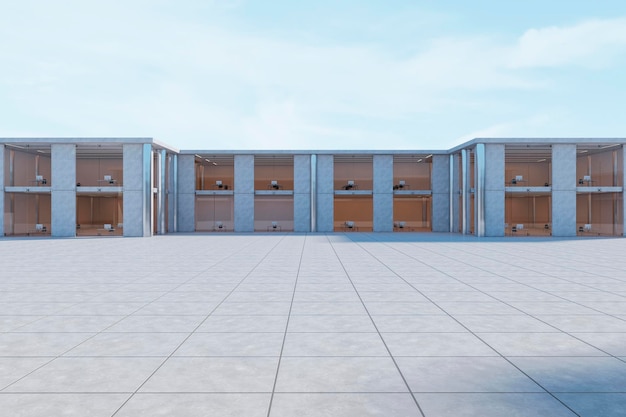 밝은 푸른 하늘을 배경으로 한 현대적인 콘크리트 사무실 건물 외관 3D 렌더링