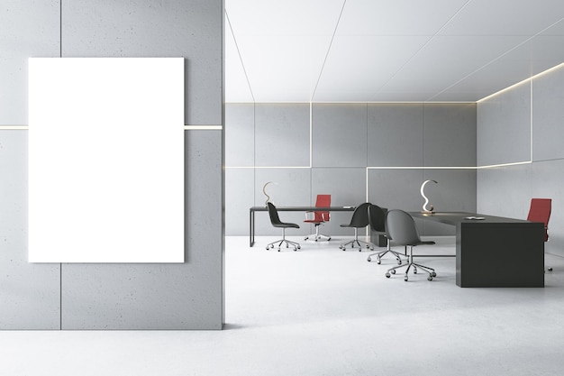 Modern concrete office interior with furniture and empty white mock up banner on wall 3D Rendering