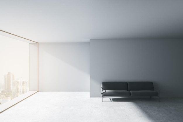 Современная бетонная зона ожидания в офисе с окном и видом на город, удобный диван и пустой макет на стене. Макет 3D-рендеринга