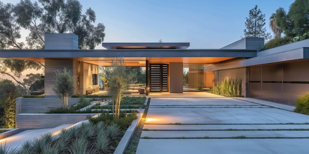 Modern concrete singlefamily house at dusk