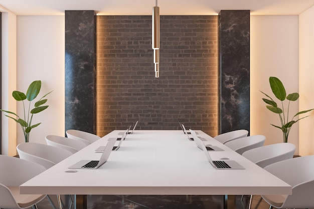 Modern concrete white meeting room interior with furniture,