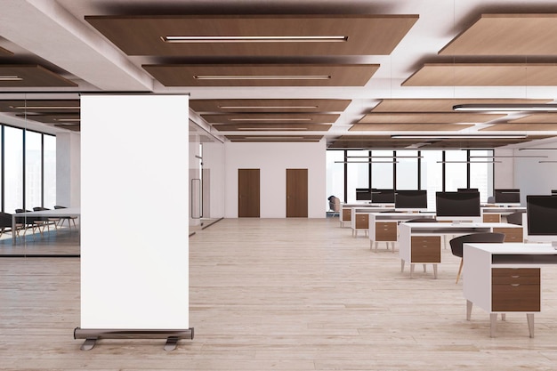 Modern concrete and wooden coworking office interior with empty\
white mock up banner equipment daylight and furniture 3d\
rendering