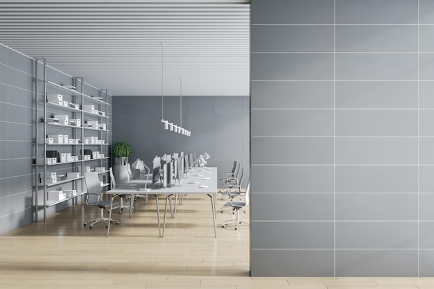 Современный бетонный и деревянный интерьер коворкинг-офиса с пустым местом для макета на настенном оборудовании, дневном свете и мебели 3D-рендеринг