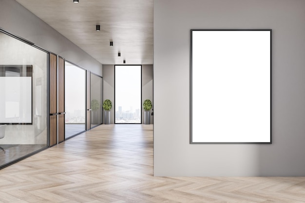 Photo modern concrete and wooden office interior corridor with empty white mock up billboard on wall glass partition and furniture daylight window with city view workplace concept 3d rendering