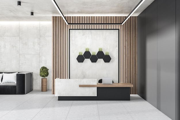 Современный интерьер офисного вестибюля из бетона и дерева с декоративными растениями для ноутбука на стойке регистрации и другими предметами 3D-рендеринга