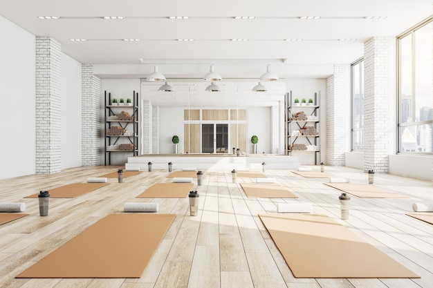 Modern concrete yoga gym interior with equipment daylight and wooden flooring Healthy lifestyle concept 3D Rendering