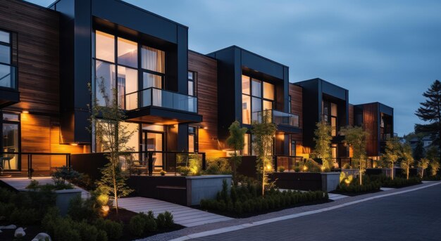 Modern condo townhouses in evening