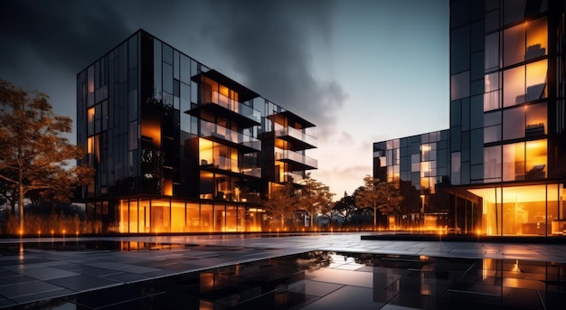 Modern condo townhouses in evening