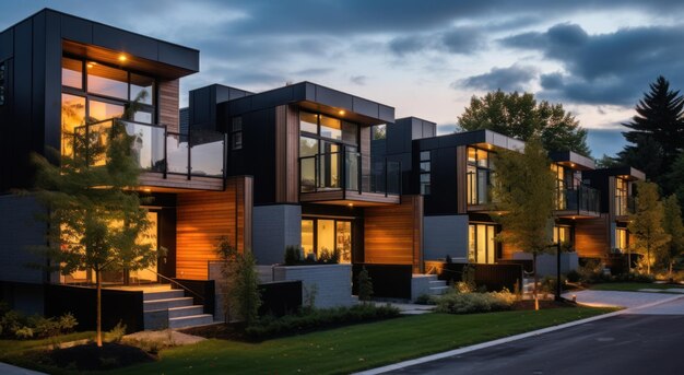 Modern condo townhouses in evening