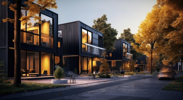 Modern condo townhouses in evening