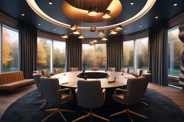 Modern conference room and circle table in office and city view 3D Render High quality photo