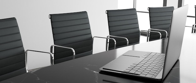 현대적인 회의실은 흰색 벽 톤의 검은색 의자와 테이블 위에 있는 노트북으로 내부를 장식합니다. 사무실 및 현대적인 3D 렌더링 개념 외부의 도시 전망을 갖춘 고층 건물에 있습니다.