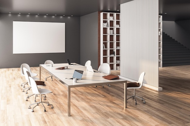 Modern conference room interior with blank poster